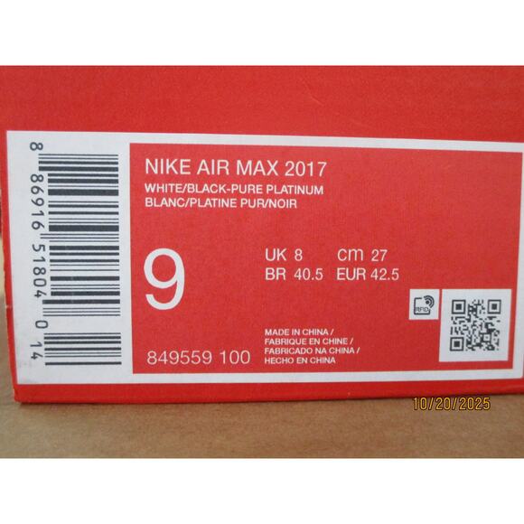 USED Nike Mens  Air Max 2017 White Black -SZ 9 - Picture 7 of 7